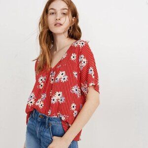 Madewell Red Floral Stripe V-Neck Blouse
